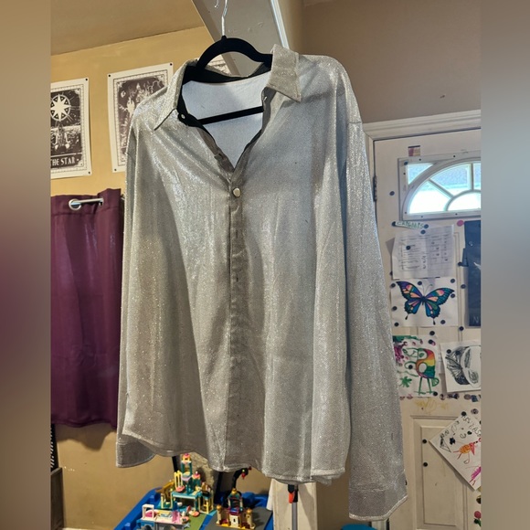 Plus size, light silver, sparkly AF, long sleeve silver button dress shirt. - Picture 3 of 5